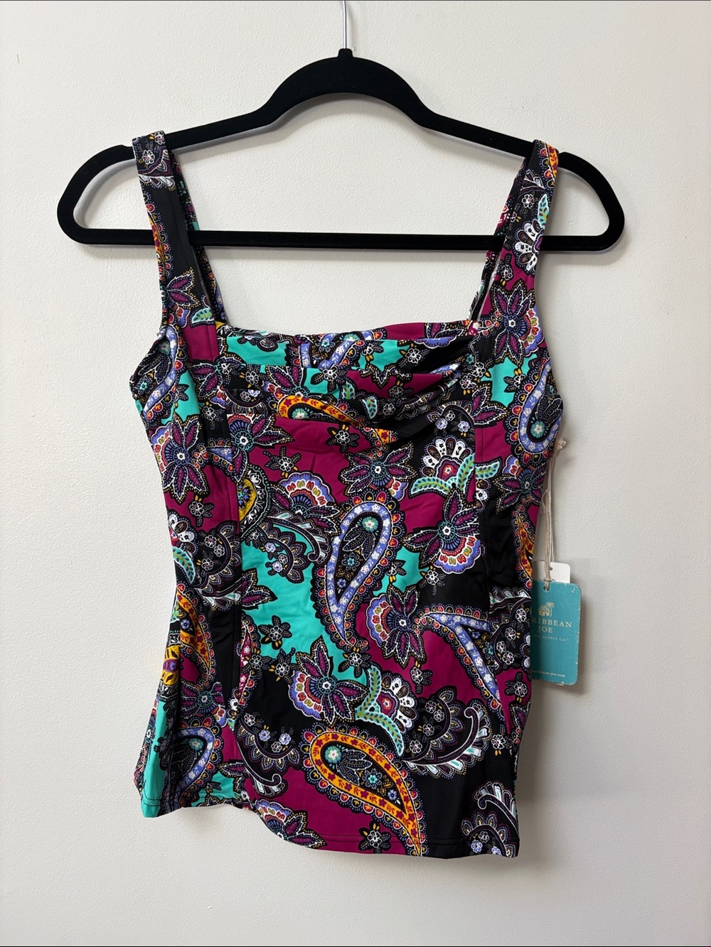 Caribbean Joe PERSIAN STYLE Pleated Front Floating Underwire Tankini Top,10,NWT